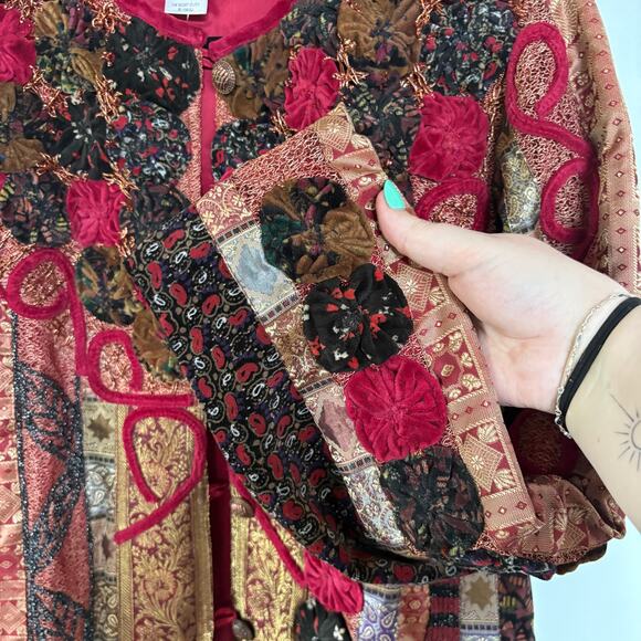 Velvet Patchwork Red Eclectic Witch Charmed Medieval Boho Tapestry Jacket Medium - Picture 7 of 9